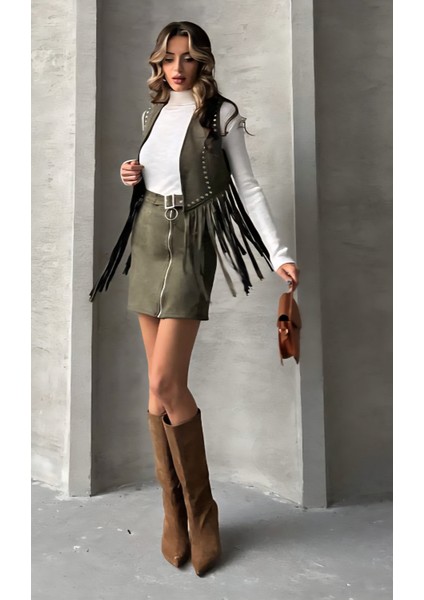 Taş Baskı Detaylı Püsküllü Süet Yelek fiyatları