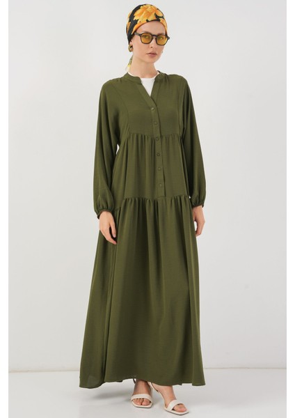 Kadın BDART V Yaka Düğmeli Rahat Kesim Maxi Elbise Haki Yeşil