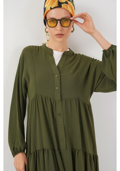 Kadın BDART V Yaka Düğmeli Rahat Kesim Maxi Elbise Haki Yeşil fiyatları