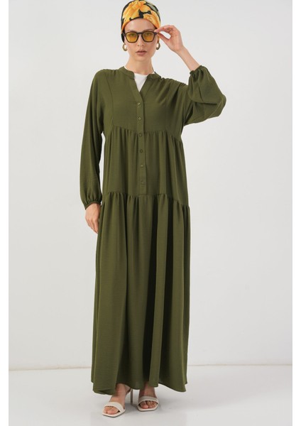 Kadın BDART V Yaka Düğmeli Rahat Kesim Maxi Elbise Haki Yeşil modelleri