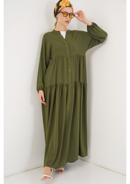 Kadın BDART V Yaka Düğmeli Rahat Kesim Maxi Elbise Haki Yeşil fırsatları