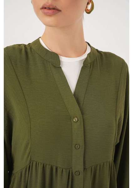 Kadın BDART V Yaka Düğmeli Rahat Kesim Maxi Elbise Haki Yeşil indirimleri