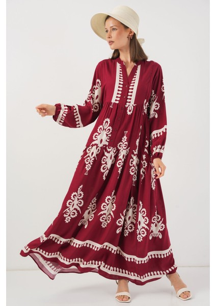 Kadın BDART Düğmeli V-Yaka Çiçek Desenli Maxi Elbise Purple