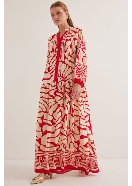 Kadın BDART Desenli V Yaka Maxi Elbise Kırmızı