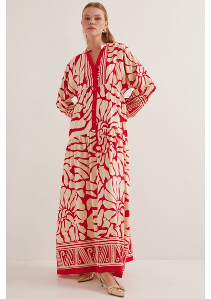 Kadın BDART Desenli V Yaka Maxi Elbise Kırmızı fiyatları