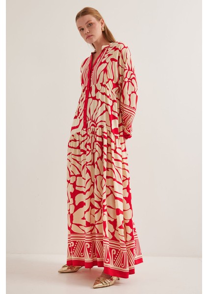 Kadın BDART Desenli V Yaka Maxi Elbise Kırmızı modelleri