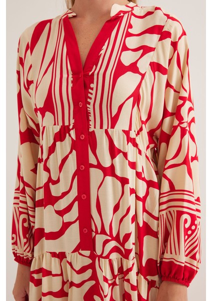 Kadın BDART Desenli V Yaka Maxi Elbise Kırmızı fırsatları