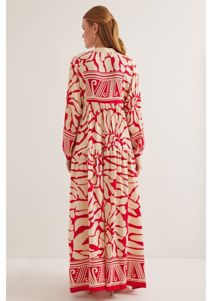 Kadın BDART Desenli V Yaka Maxi Elbise Kırmızı indirimleri