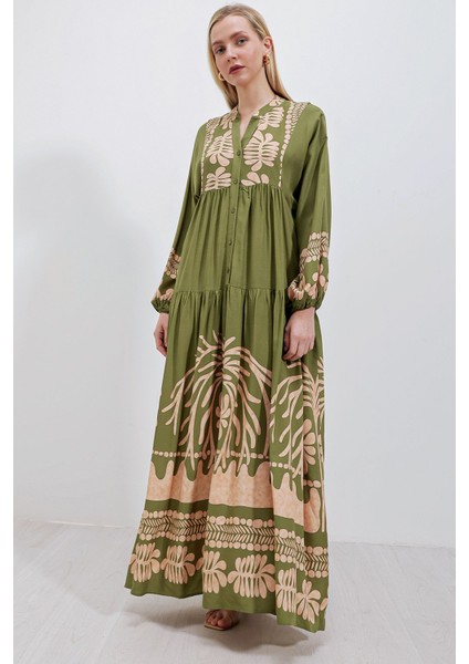 Kadın BDART Desenli V Yaka Maxi Elbise Haki Yeşil