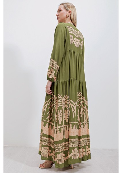 Kadın BDART Desenli V Yaka Maxi Elbise Haki Yeşil