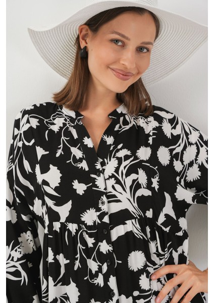 Kadın BDART Düğmeli V-Yaka Desenli Maxi Elbise Koyu Gri