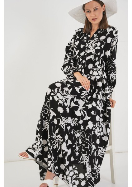 Kadın BDART Düğmeli V-Yaka Desenli Maxi Elbise Koyu Gri