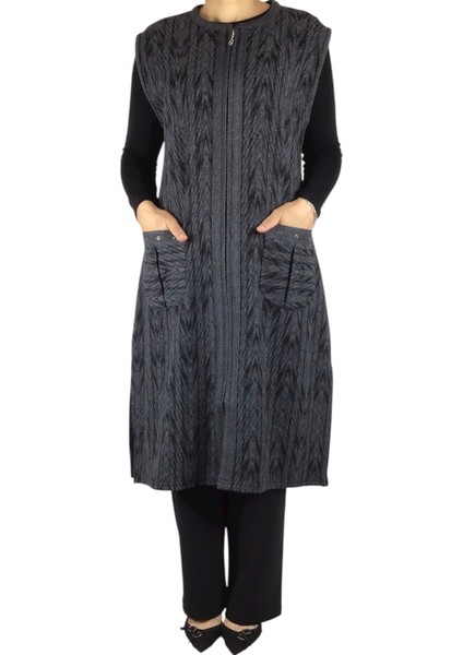 Önü Fermuarlı Desenli Cepli Kalın Kışlık Yelek