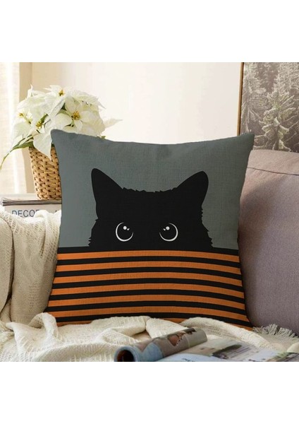 Hidden Paws Orange Gri Zemin Turuncu Siyah Çizgili Kedi Desenli Dekoratif Kırlent Kılıfı 50X50 cm