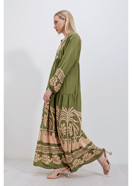 Kadın BDART Desenli V Yaka Maxi Elbise Haki Yeşil modelleri