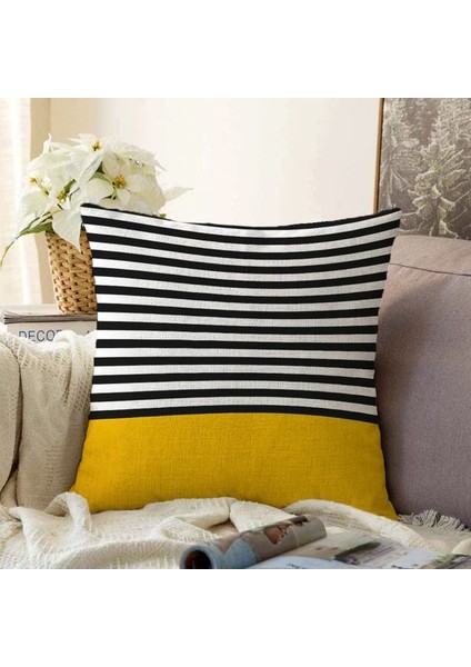 Hidden Stripes Yellow Sarı Siyah Çizgili Modern Dekoratif Kırlent Kılıfı 50X50 cm Polyester Kumaş