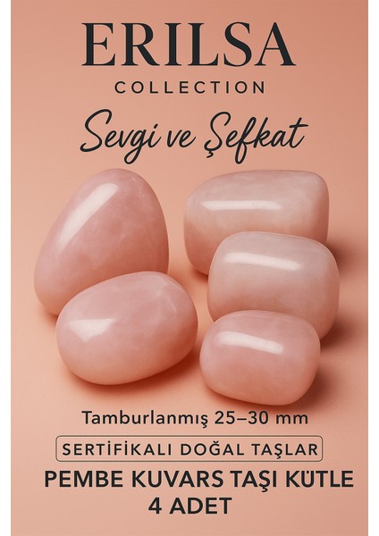 Sertifikalı Doğal Pembe Kuvars Taşı Kütle 4 Adet (25-30 mm) – Aşk ve Huzur Enerjisi