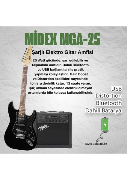 RPH-320BK-25AMP Siyah Renk Super Strat Kasa Hss 25W Amfili Elektro Gitar Seti fiyatları