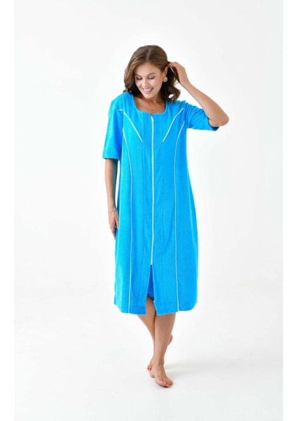 Kadın Yarım Kısa Kol Fermuarlı U Yaka Rahat Kalıp Büyük Beden Curve Ev Plaj Midi Havlu Elbise fırsatları