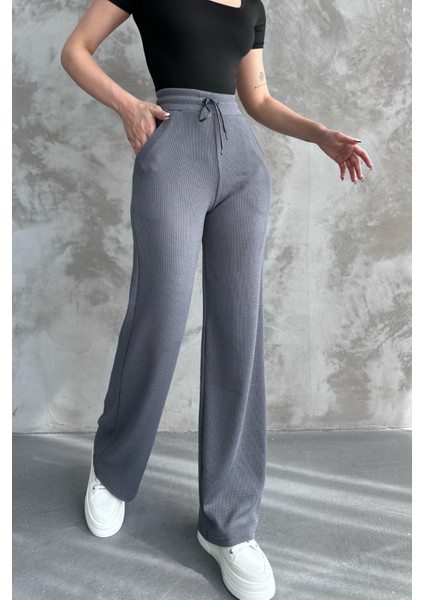 Kadın Yeni Sezon Bol Paça Fitilli Kumaş Bel Lastikli Mevsimlik Pantolon Gri / Xl