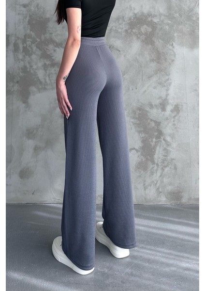 Kadın Yeni Sezon Bol Paça Fitilli Kumaş Bel Lastikli Mevsimlik Pantolon Gri / Xl