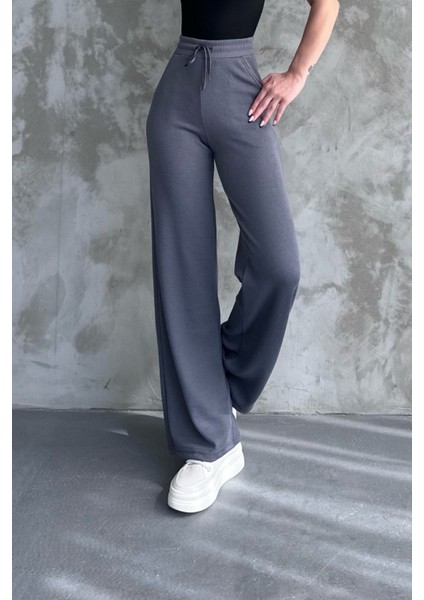 Kadın Yeni Sezon Bol Paça Fitilli Kumaş Bel Lastikli Mevsimlik Pantolon Gri / Xl
