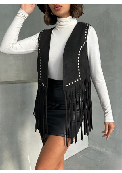 Taş Baskı Detaylı Püsküllü Süet Yelek fiyatları