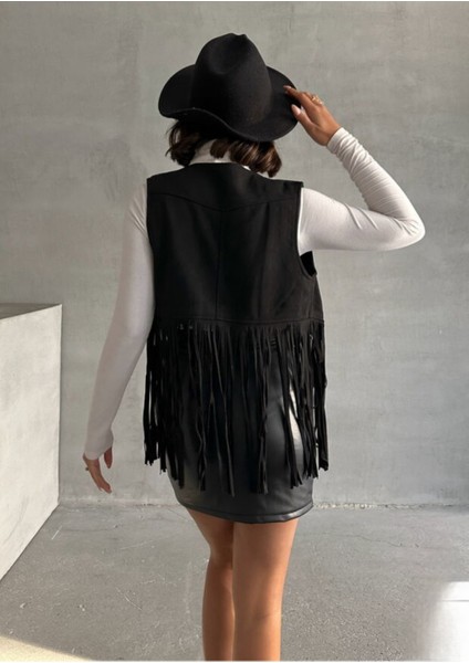 Taş Baskı Detaylı Püsküllü Süet Yelek modelleri