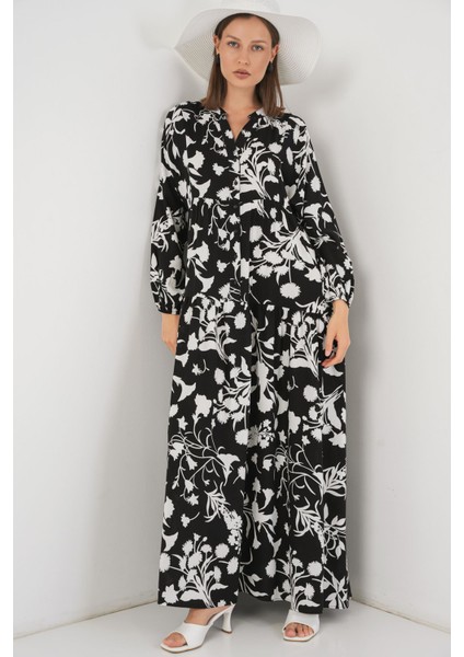 Kadın BDART Düğmeli V-Yaka Desenli Maxi Elbise Koyu Gri