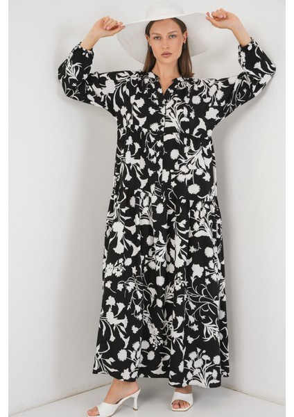 Kadın BDART Düğmeli V-Yaka Desenli Maxi Elbise Koyu Gri fırsatları