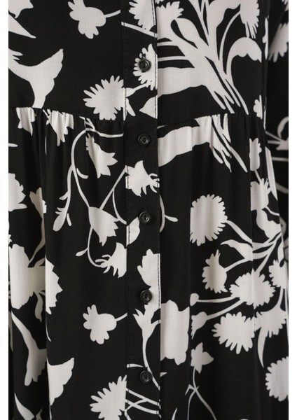 Kadın BDART Düğmeli V-Yaka Desenli Maxi Elbise Koyu Gri indirimleri