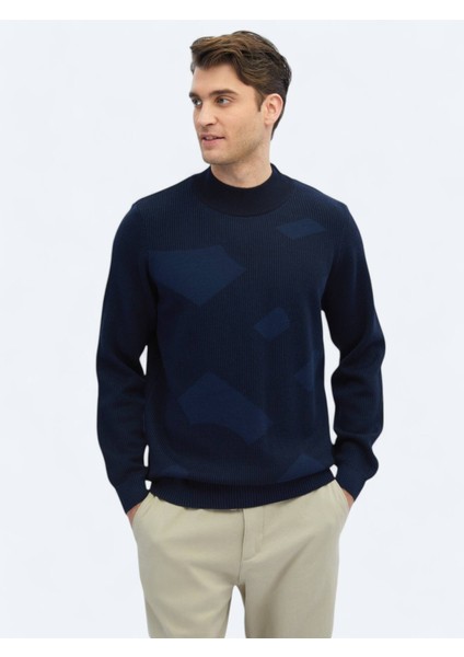 Indigo Yarım Balıkçı Yaka Desenli Yün Karışımlı Triko Kazak