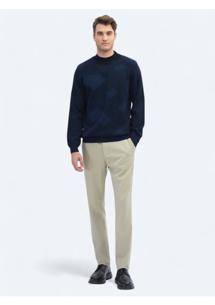 Indigo Yarım Balıkçı Yaka Desenli Yün Karışımlı Triko Kazak fiyatları