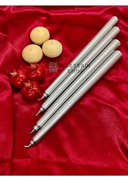 4 Adet Gümüş Varaklı Gri Renk Silindir Konik Şamdan Mumu Sedefli Silver Uzun Ince Konik 4'lü
