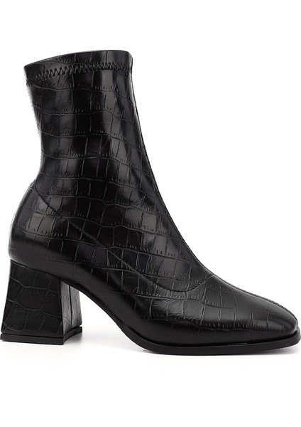 Kadın Siyah - Kroko Deri Görünümlü Kalın Topuklu Streç Bot indirimleri