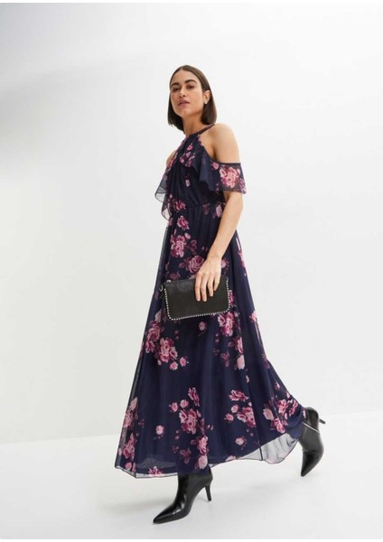 Kadın Tül Detaylı Omzu Açık Şık Rahat Kalıp Büyük Beden Curve Abiye Elbise