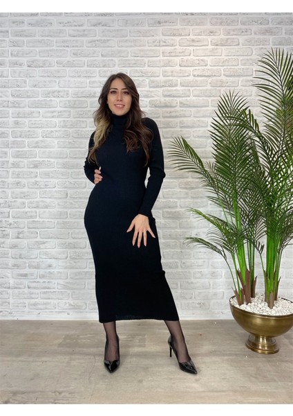 Kadın Triko Boğazlı Uzun Siyah Elbise modelleri