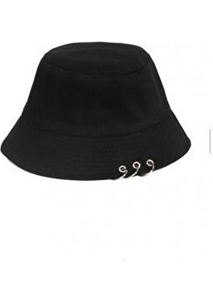 Unisex Piercingli Siyah Balıkçı Üç Halkalı Bucket Kova Şapka