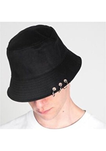 Unisex Piercingli Siyah Balıkçı Üç Halkalı Bucket Kova Şapka fiyatları