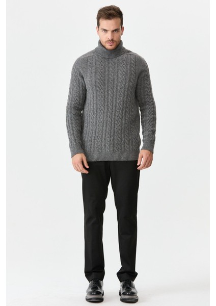 Erkek Balıkçı Yaka Saç Örgülü Yün Kazak Füme