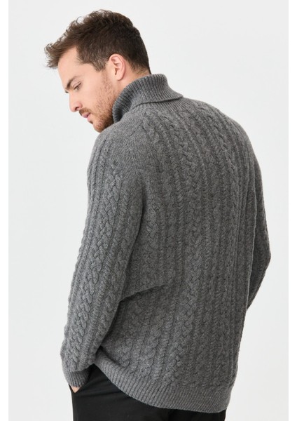 Erkek Balıkçı Yaka Saç Örgülü Yün Kazak Füme