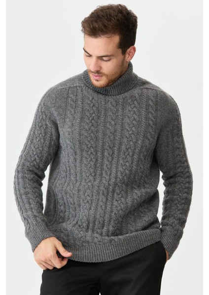 Erkek Balıkçı Yaka Saç Örgülü Yün Kazak Füme
