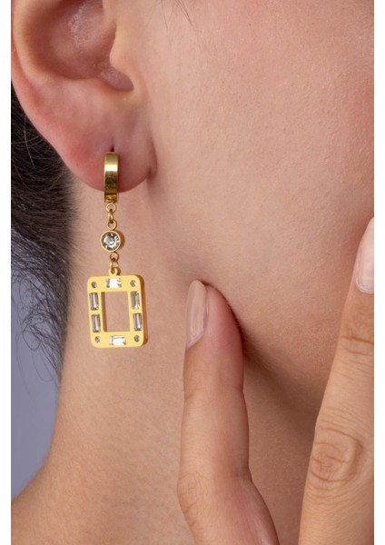 Zirkon Taşlı Kare Kesim Altın Kaplama Çelik Sallantılı Kadın Küpe fiyatları