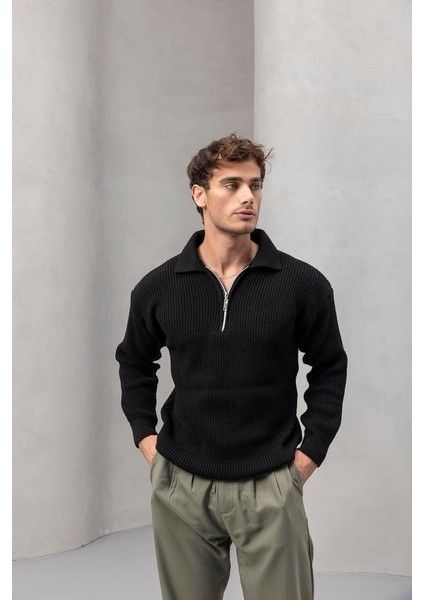 Gibson Oversize Yarım Fermuar Gömlek Polo Yaka Selanik Örme Erkek Triko Kazak - Siyah