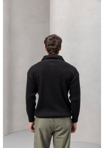 Gibson Oversize Yarım Fermuar Gömlek Polo Yaka Selanik Örme Erkek Triko Kazak - Siyah