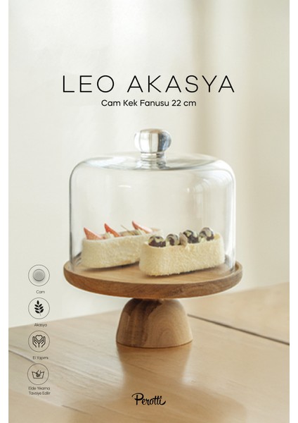 Leo Akasya Standlı Cam Kek Fanusu Ayaklı 22 cm