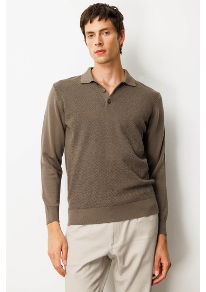 Erkek Polo Yaka Önü Baklavalı Triko Kazak Vizon fiyatları