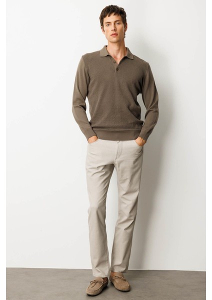 Erkek Polo Yaka Önü Baklavalı Triko Kazak Vizon fırsatları