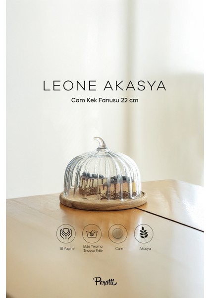 Leone Bal Kabağı Akasya Tabanlı Cam Kek Fanusu 22 cm