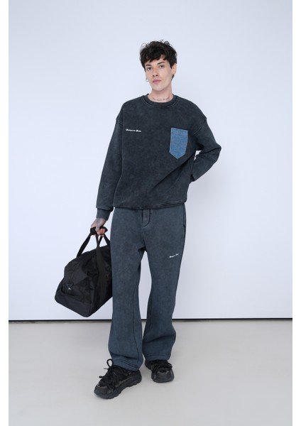 Oversize Sweatshirt Siyah | Kontrast Mavi Cepli